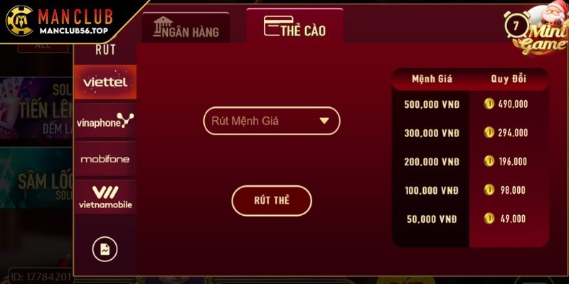 Rút tiền MANCLUB qua thẻ cào điện thoại